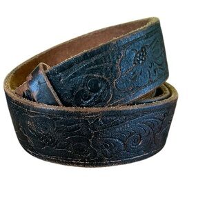 Vintage Black Genuine Leather Tooled Western Style Belt Distressed Supple
